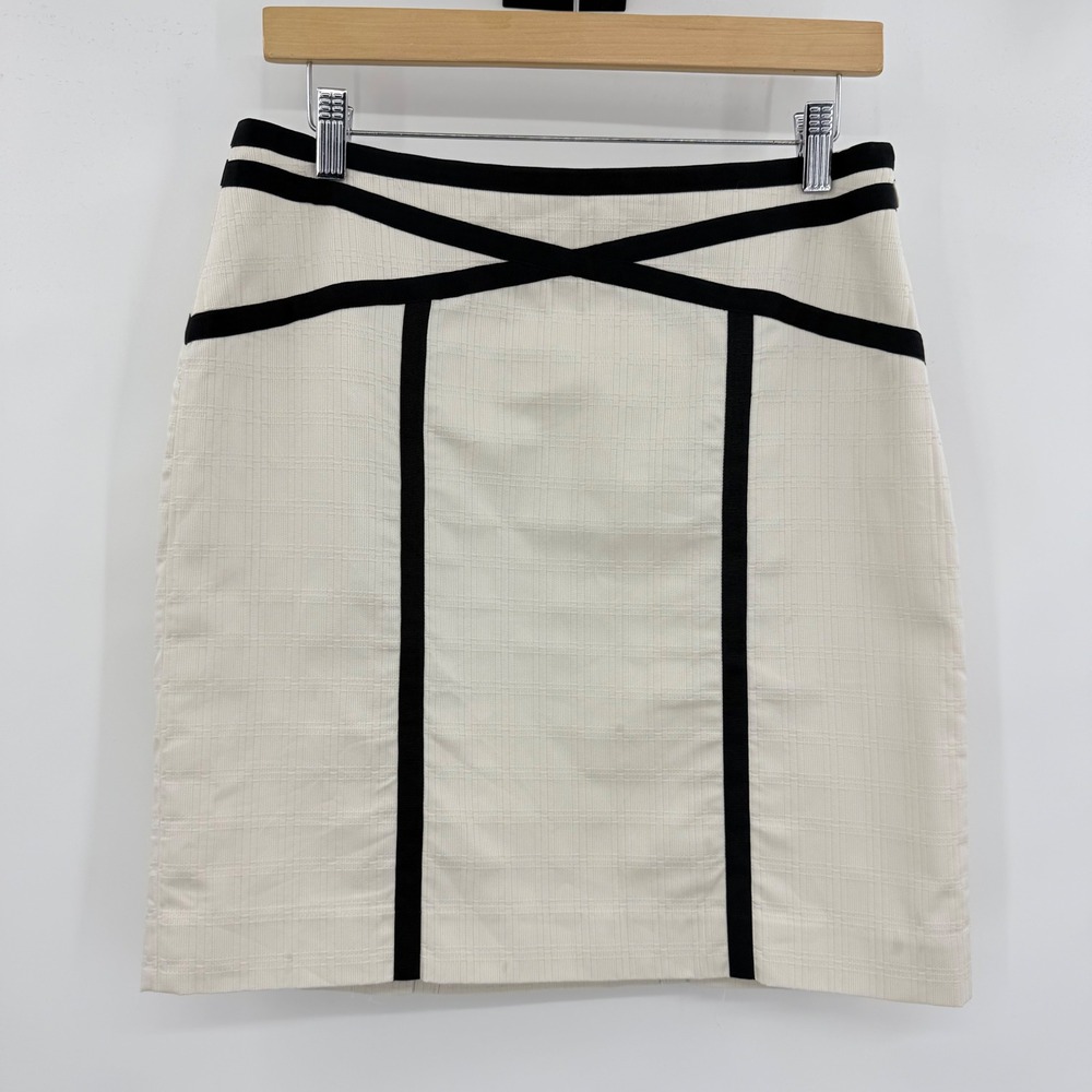 Ann Taylor Pencil Skirt Womens 4 Cream Black Ribbon Trim Textured Cotton
